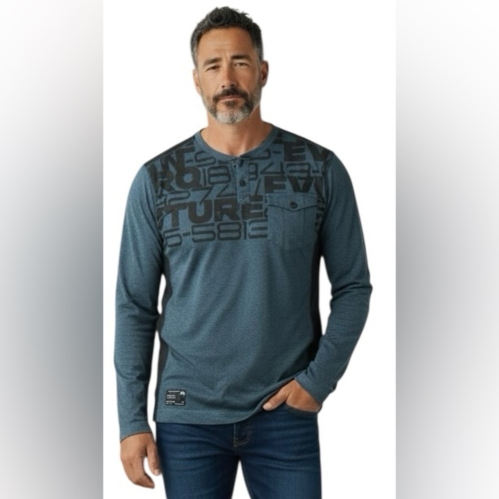 Projek Raw, Men’s long sleeve Henley tee with buttons, Sz S, denim blue